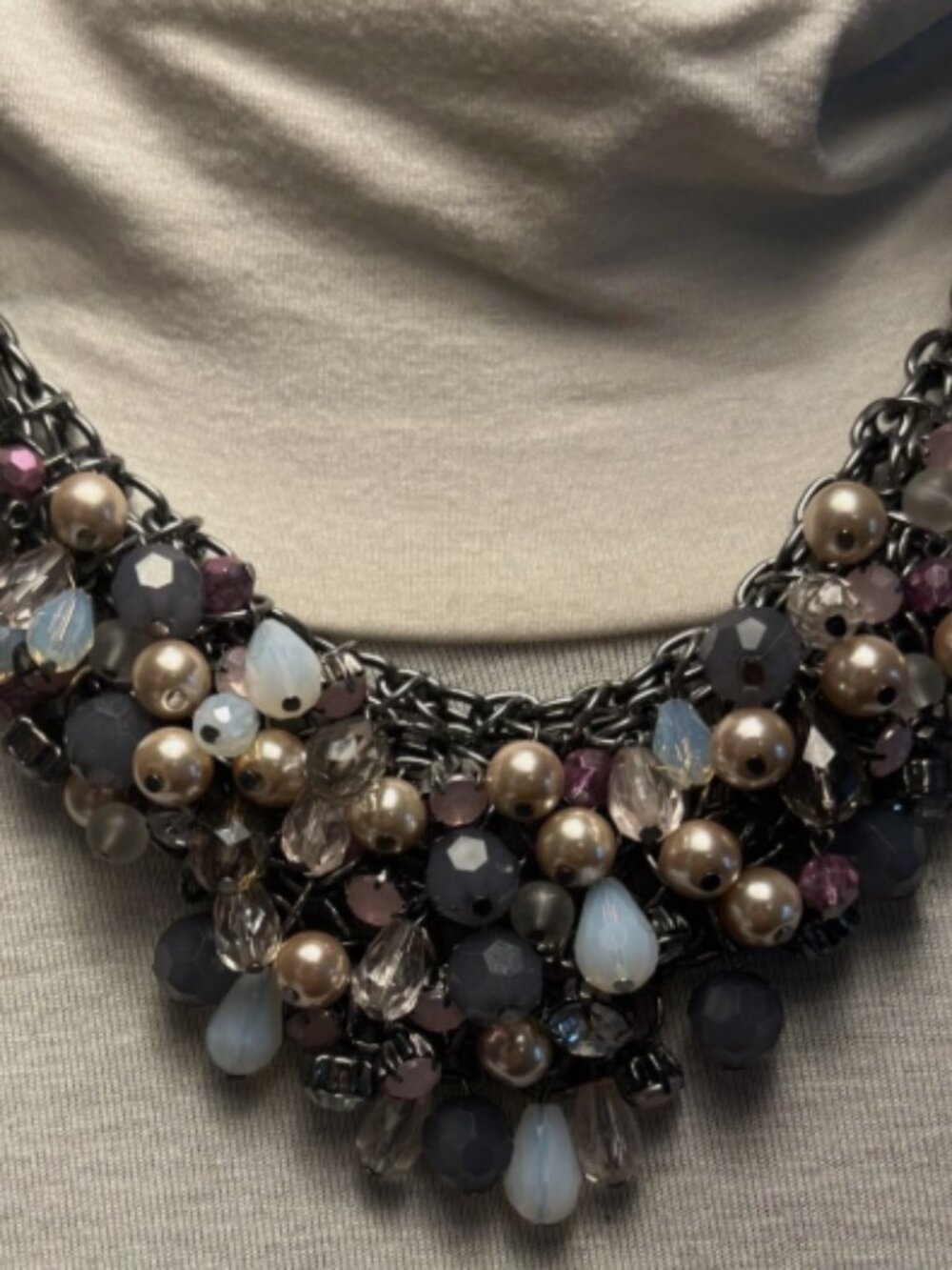 Chain Link Beaded Bib Choker Necklace multicolor beads with extender in back